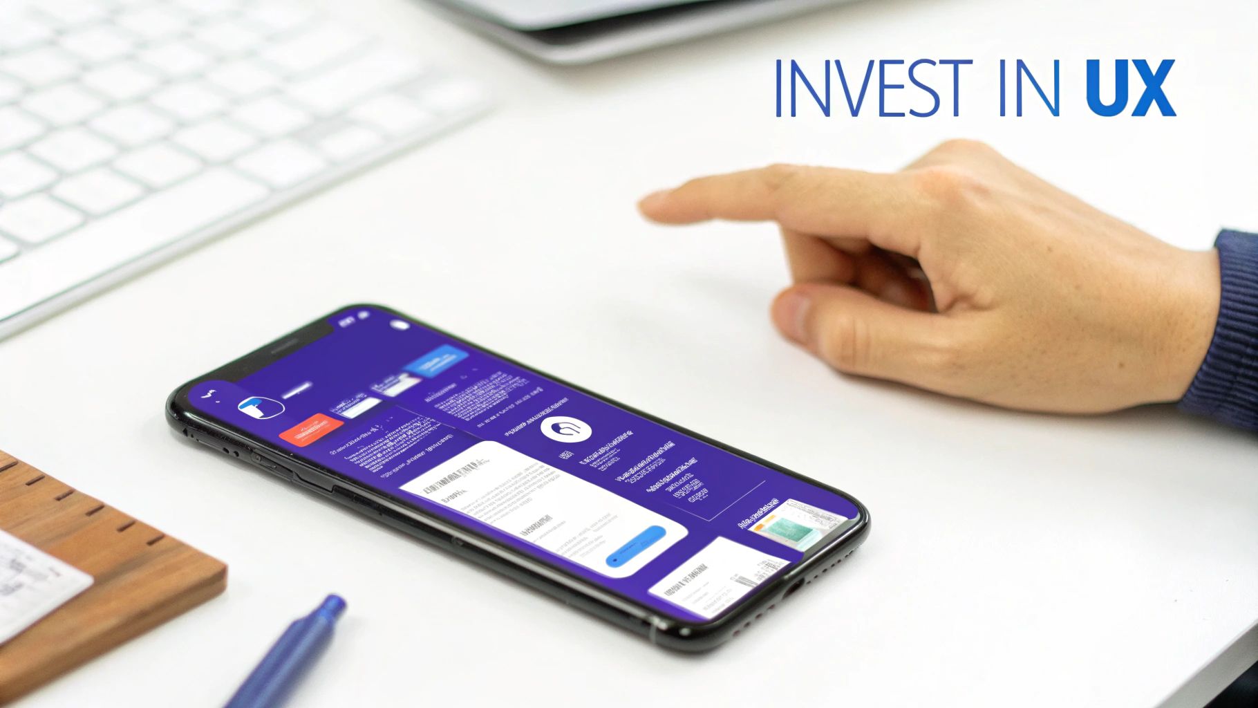 Close-up of a hand pointing at a smartphone screen showcasing a user interface, with 'INVEST IN UX' message.