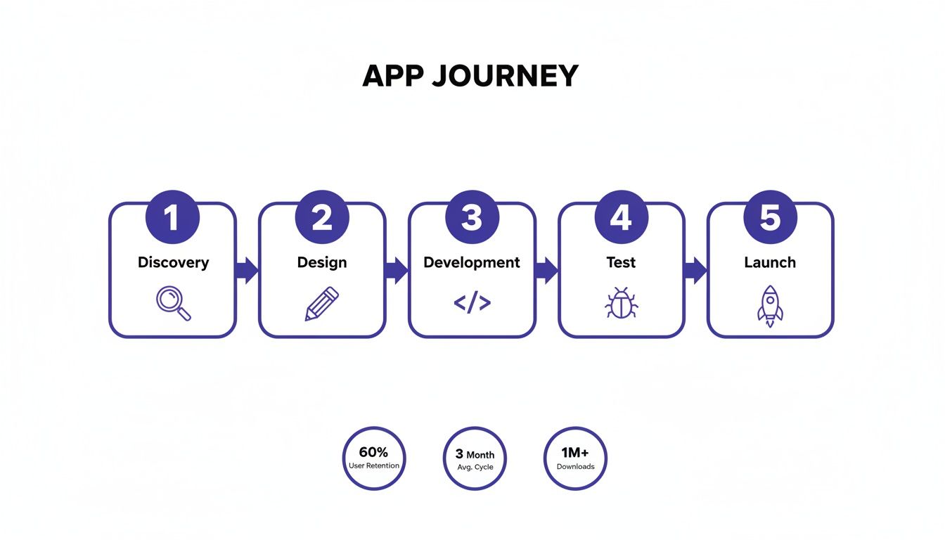 Infographic detailing the app development journey from discovery to launch, with performance metrics.