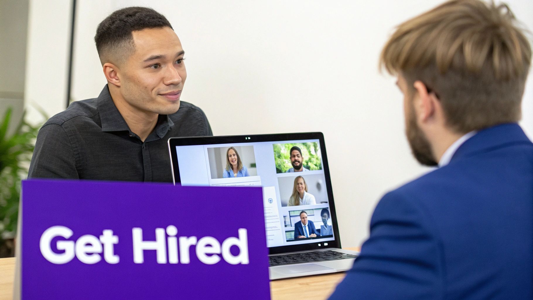 A UX designer confidently discusses their portfolio during a job interview in a modern UK office.