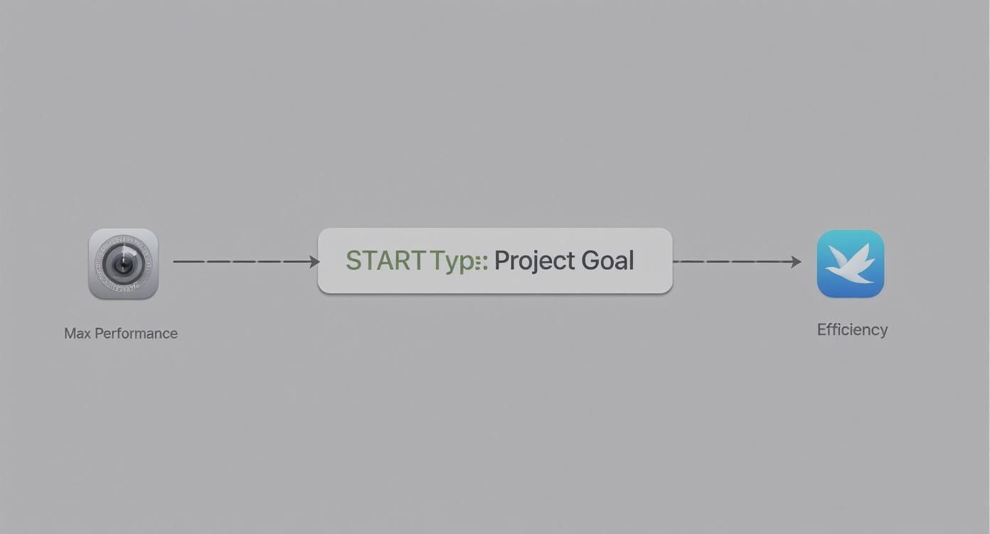 Diagram showing a camera icon 'Max Performance' linked to 'Project Goal' and a bird icon 'Efficiency'.