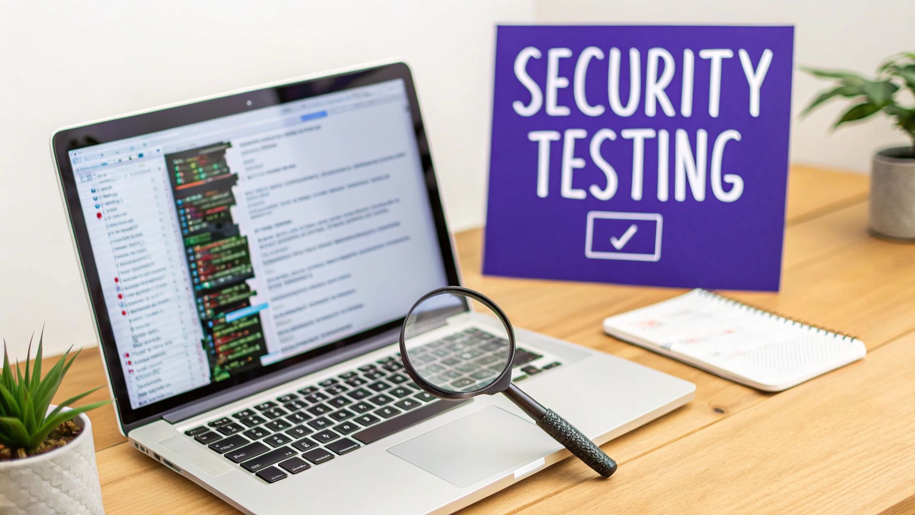 A desk setup with a laptop displaying code, a magnifying glass, and a 'SECURITY TESTING' sign.