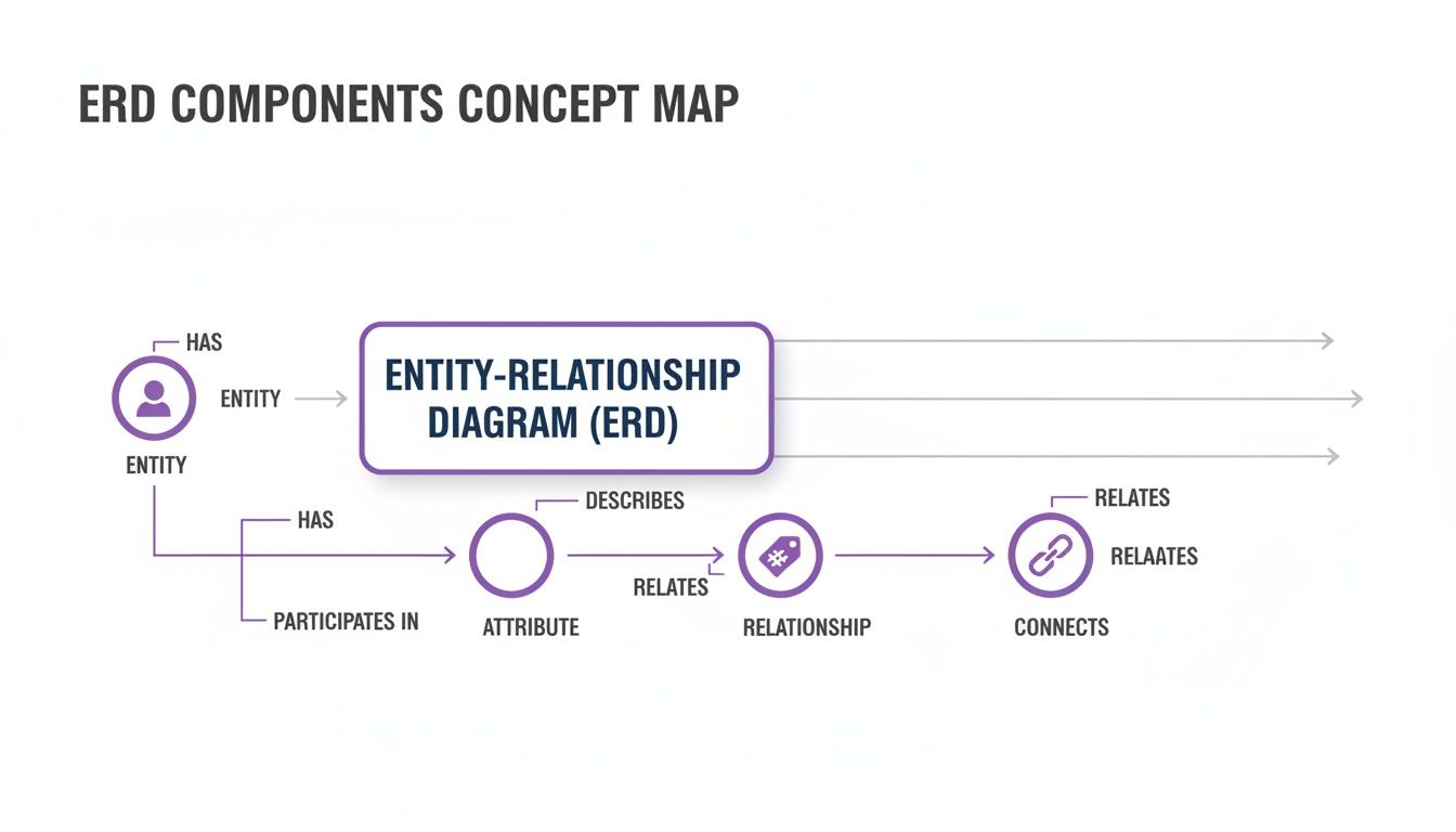 A concept map illustrating the components of an Entity-Relationship Diagram (ERD), showing entities, attributes, and relationships.