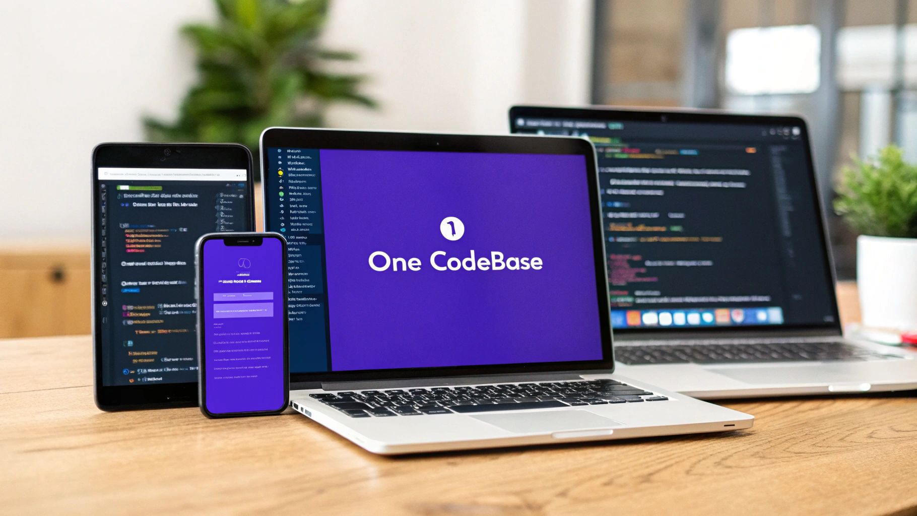 Various devices showing code, a One CodeBase logo, and a software login page on a wooden desk.