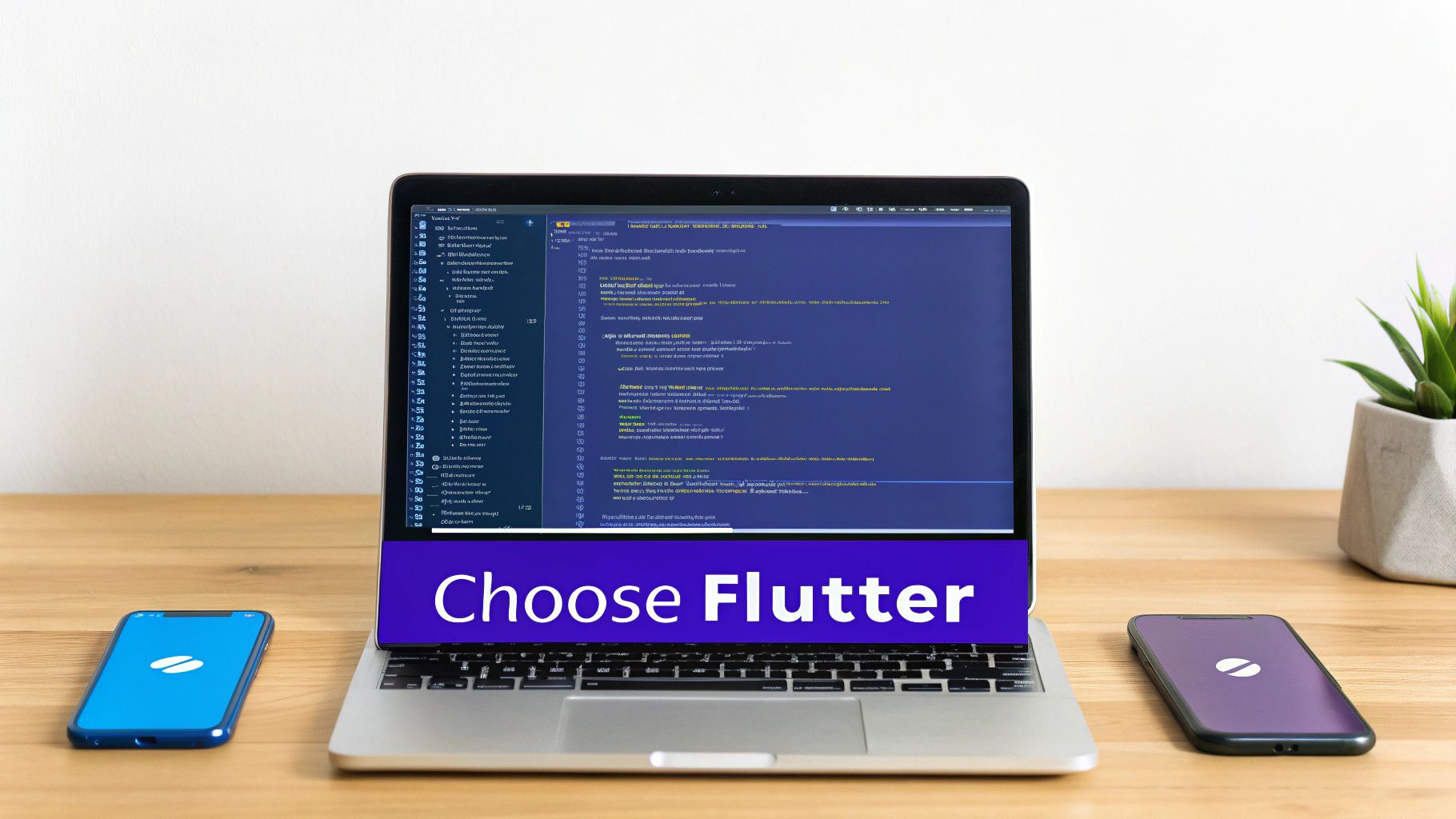 Laptop displaying Flutter code editor with two smartphones showing mobile app development workflow