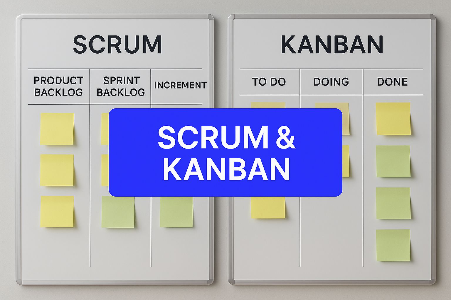 Infographic showing a Kanban board and a Scrum sprint planning board side by side, with the text 'Scrum & Kanban' overlaid.