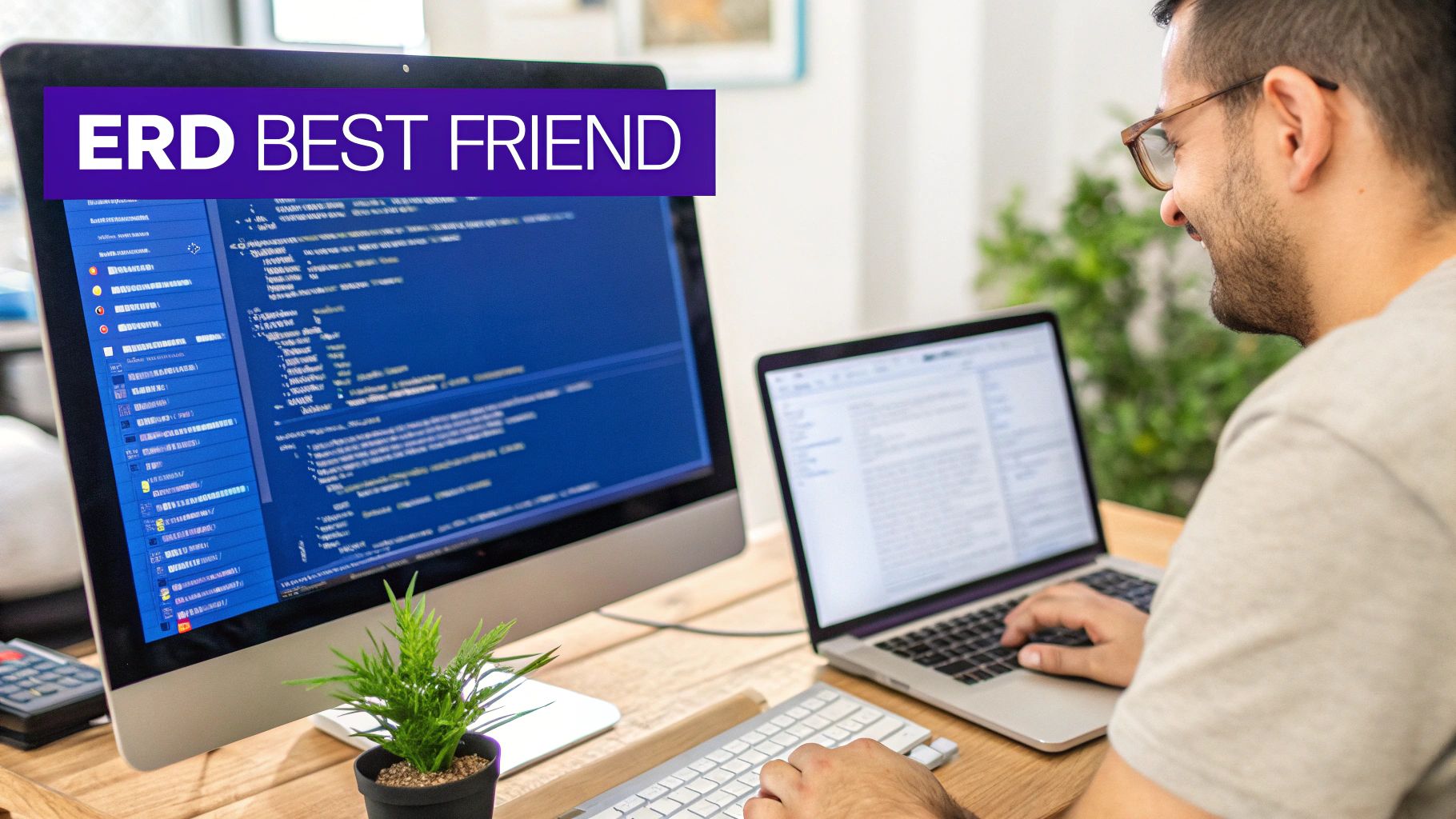 A team of developers collaborating around a screen showing an Entity Relationship Diagram, highlighting teamwork and planning.