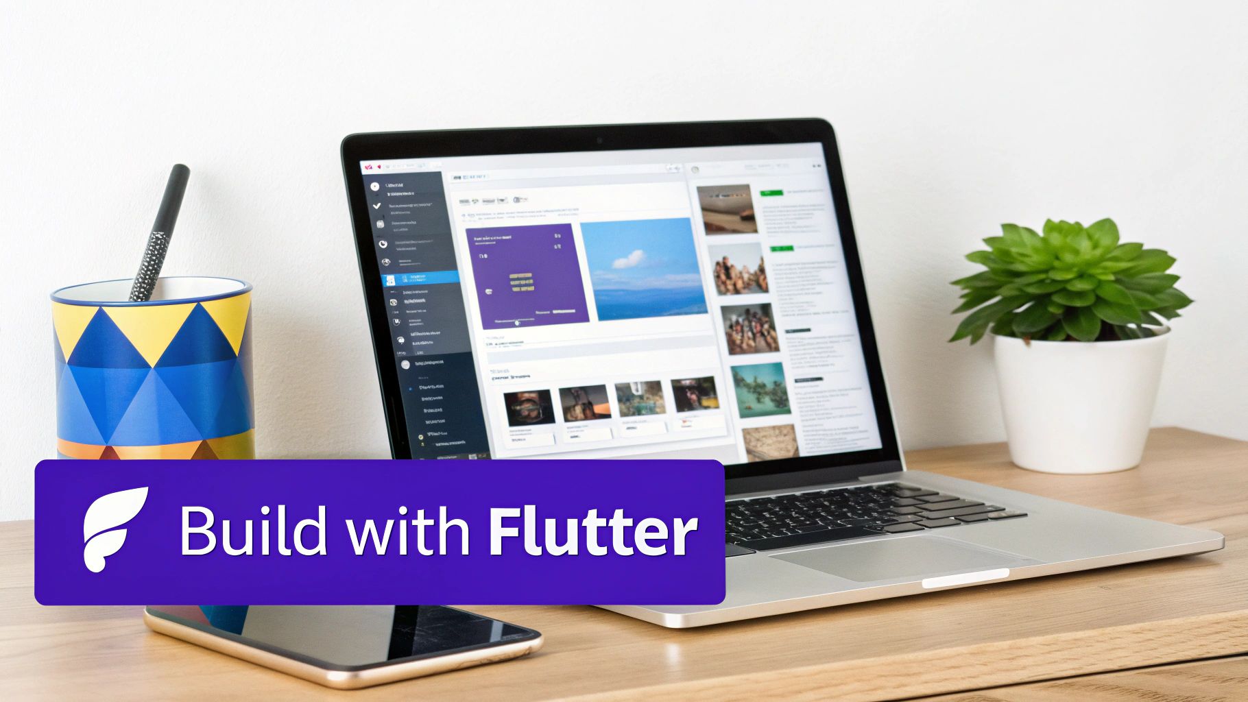 Laptop on a desk displays a web app, with a pen, phone, and plant. A 'Build with Flutter' banner is prominent.