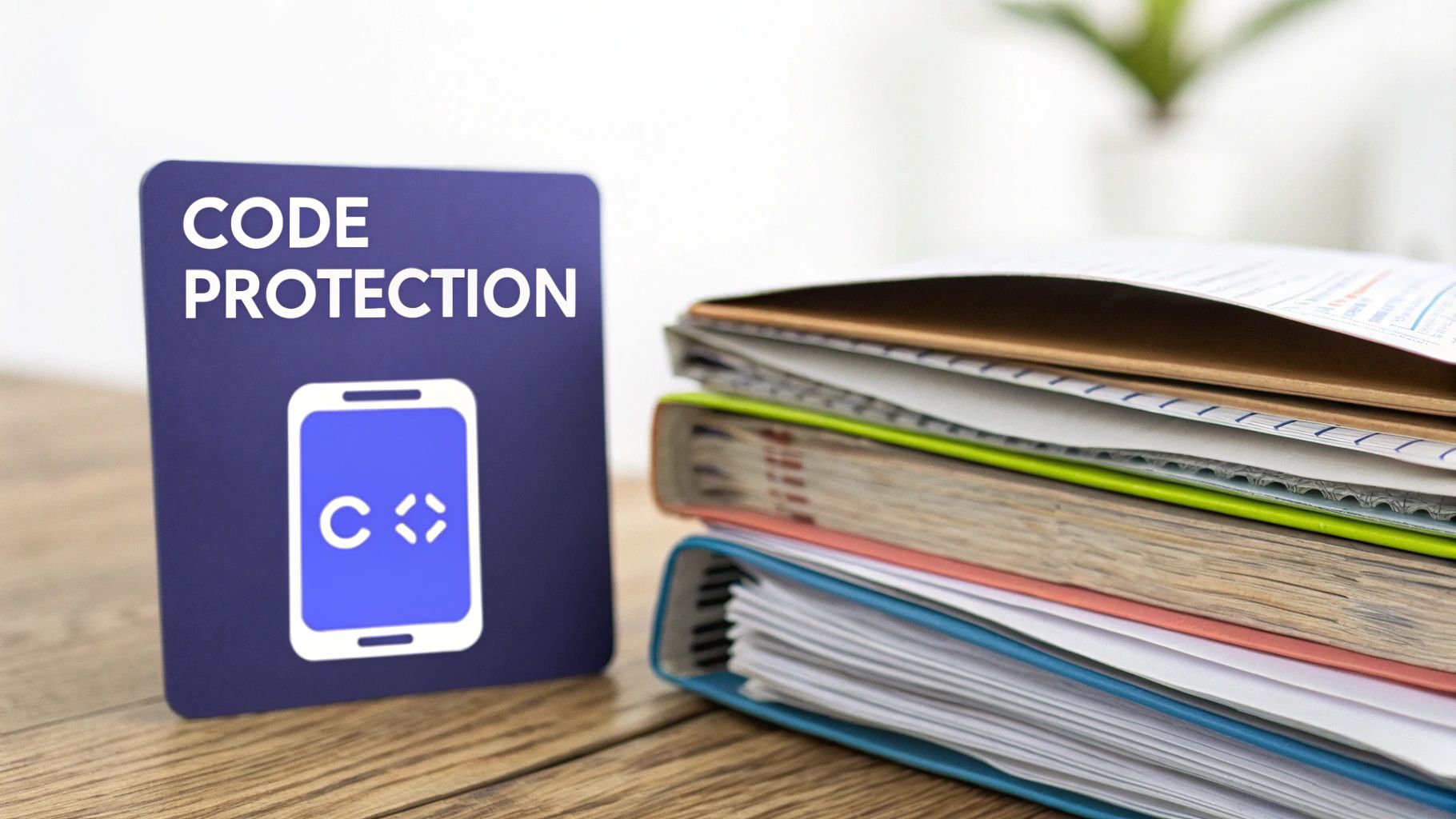 A blue sign with 'CODE PROTECTION' and a smartphone icon sits next to a stack of colorful folders on a wooden desk.