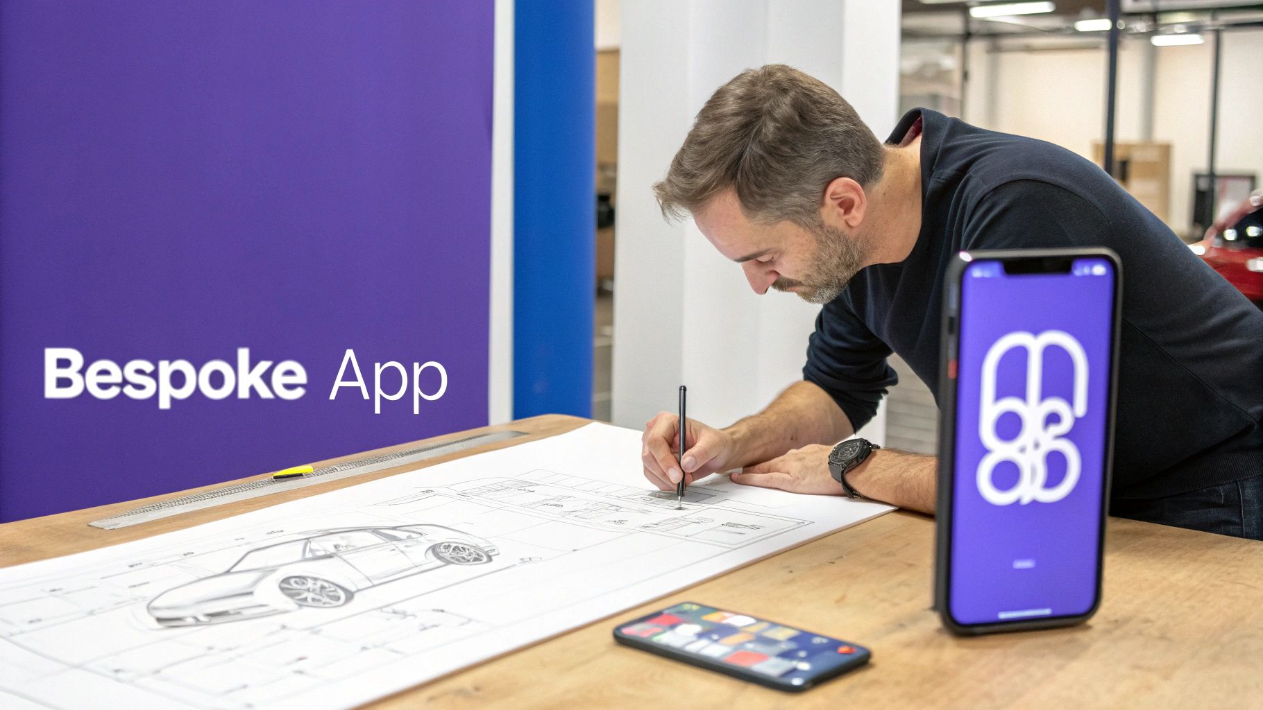 A man designs a car blueprint while a smartphone displays a 'Bespoke App' logo.