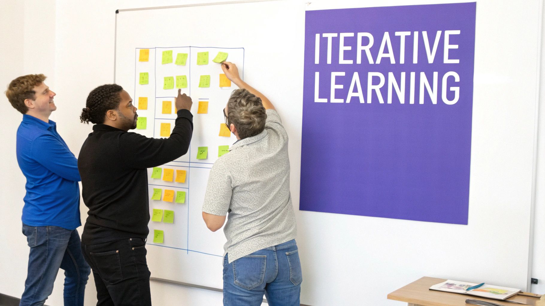 A team collaborating around a whiteboard with sticky notes, illustrating the agile planning process.