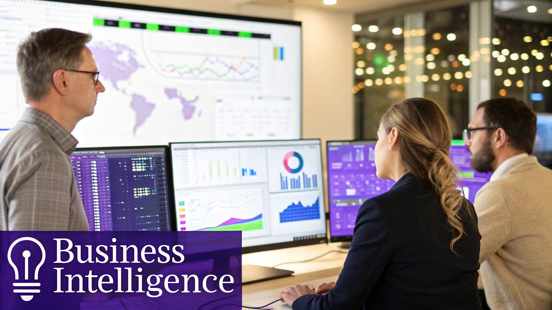 A digital dashboard showing key performance indicators and data visualizations for business intelligence.