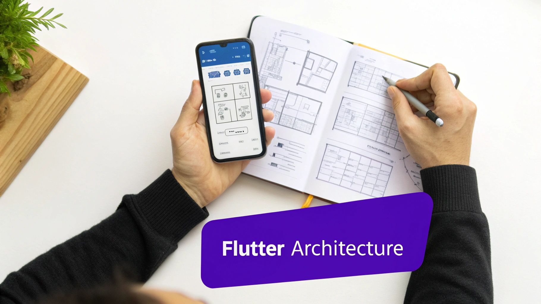 A developer working on a Flutter app, with the Flutter logo and architectural diagrams visible on screen