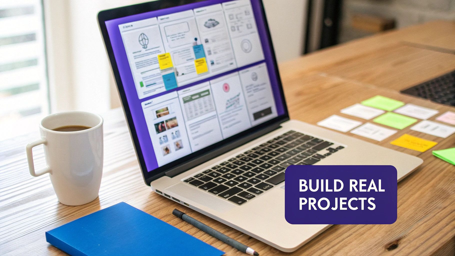 A laptop on a wooden desk displays application screens, alongside a coffee, notebook, and sticky notes. Text reads: BUILD REAL PROJECTS.