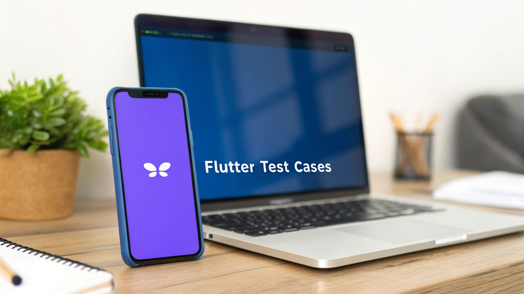 Flutter development workspace with smartphone displaying Flutter logo and laptop showing test cases presentation