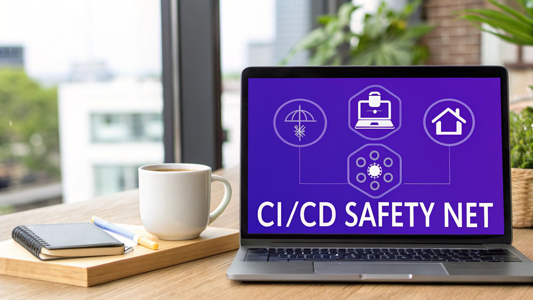 Laptop on a desk displaying 'CI/CD SAFETY NET' with security and development icons, next to a coffee mug.