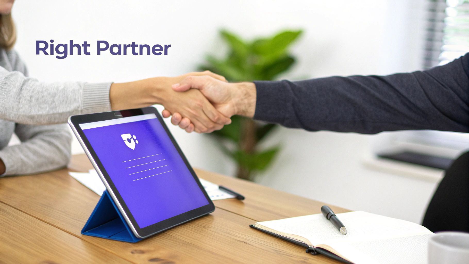 Two people shake hands across a table with a tablet and notebook, symbolizing partnership and agreement.