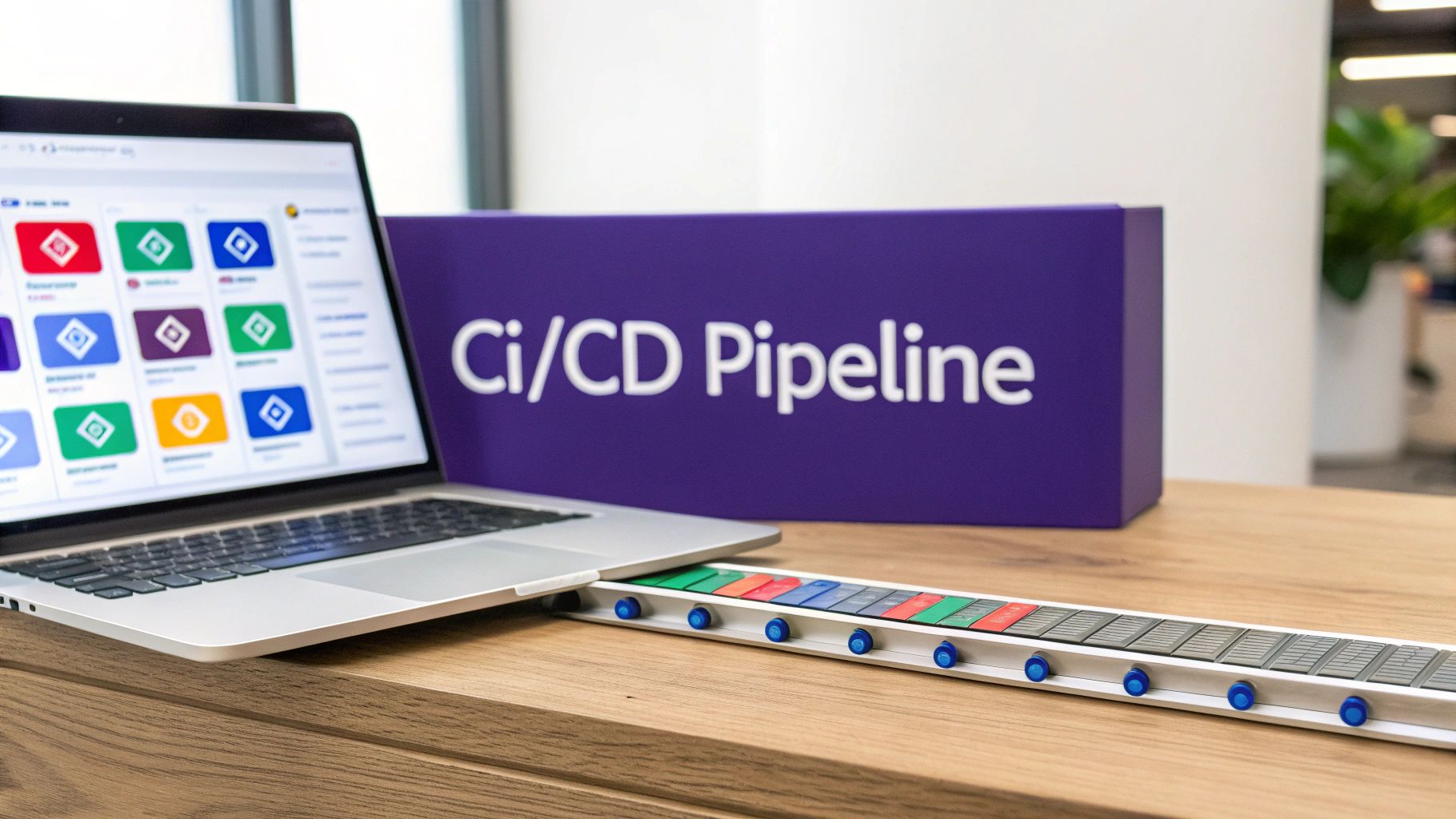 A laptop on a wooden desk connected to a physical CI/CD pipeline model, next to a purple 'Ci/CD Pipeline' sign.