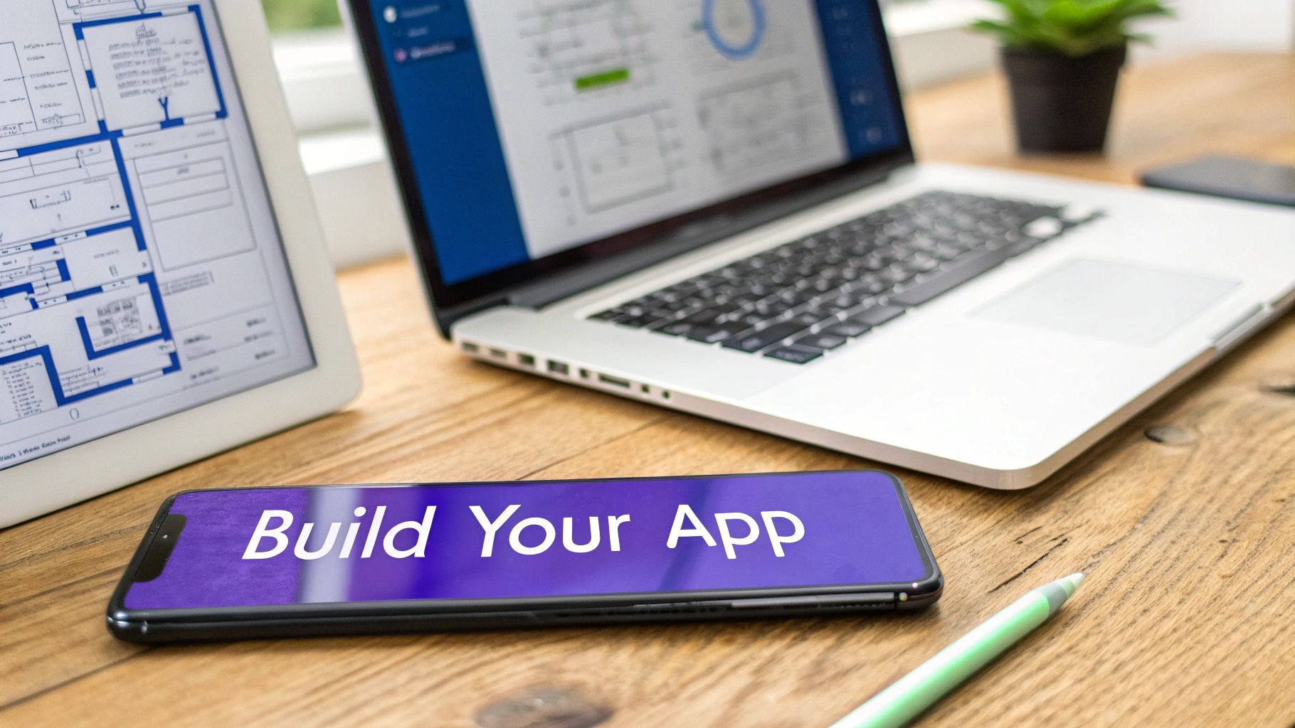 A desk with a laptop, tablet showing app wireframes, and a smartphone displaying 'Build Your App' message.