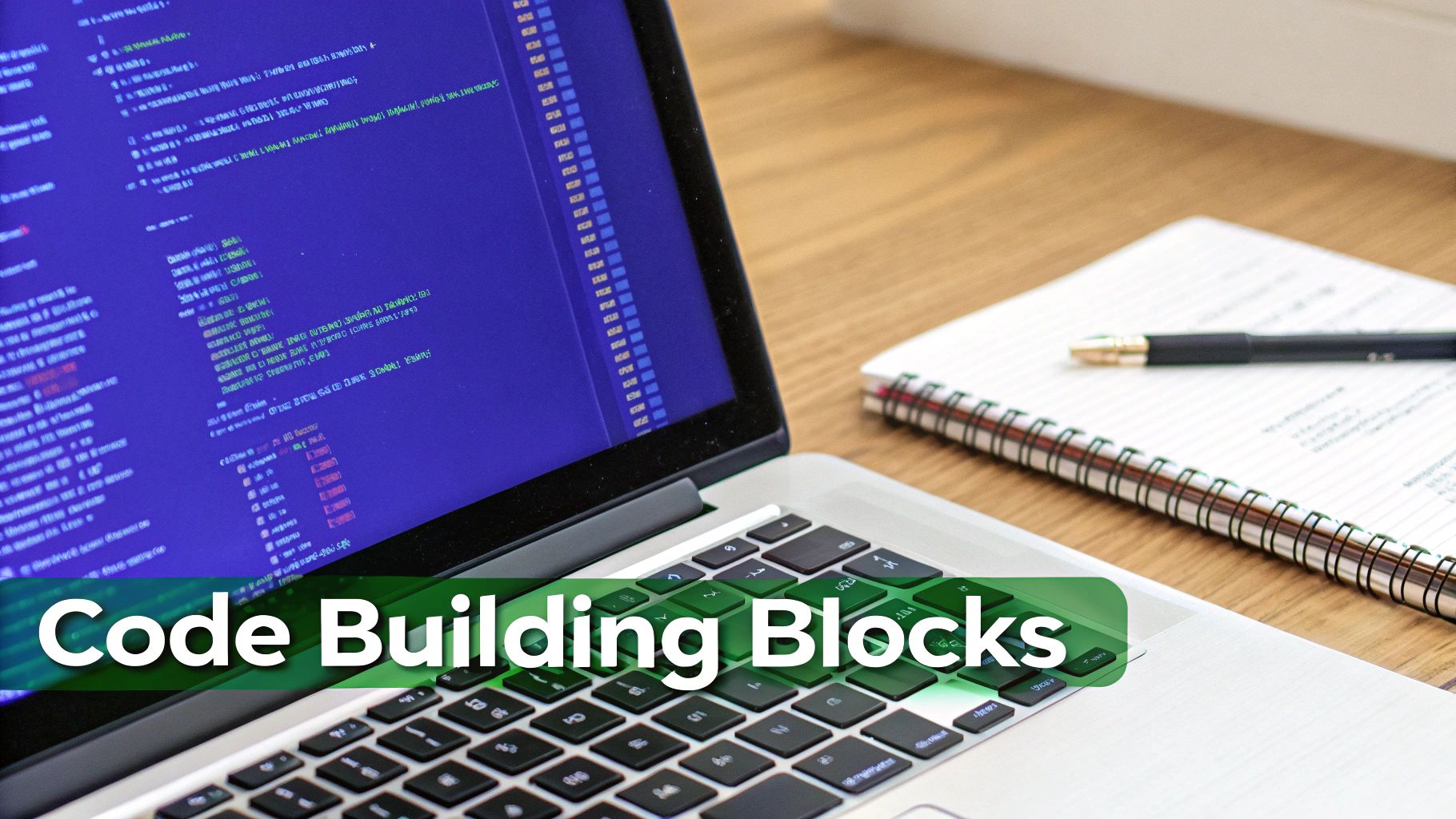 A laptop displaying programming code on its screen, next to a notebook and pen.