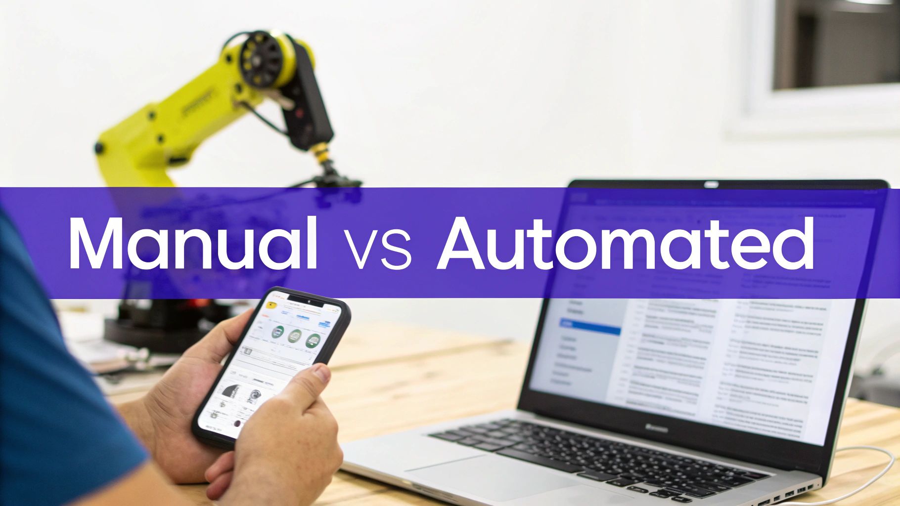 A person holding a smartphone, a laptop, and a yellow robotic arm with 'Manual vs Automated' text.