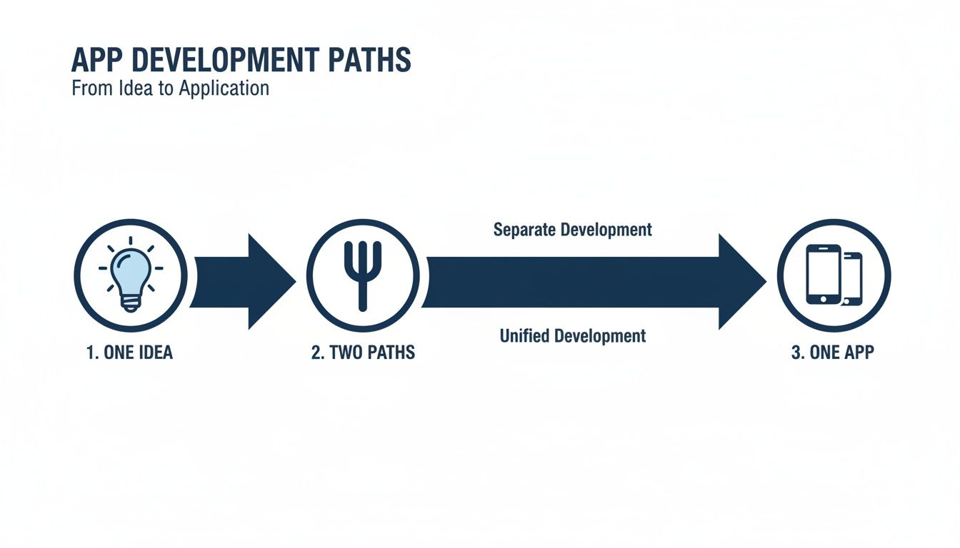Flowchart illustrating app development paths: from one idea, through two development paths (separate or unified), to one app.