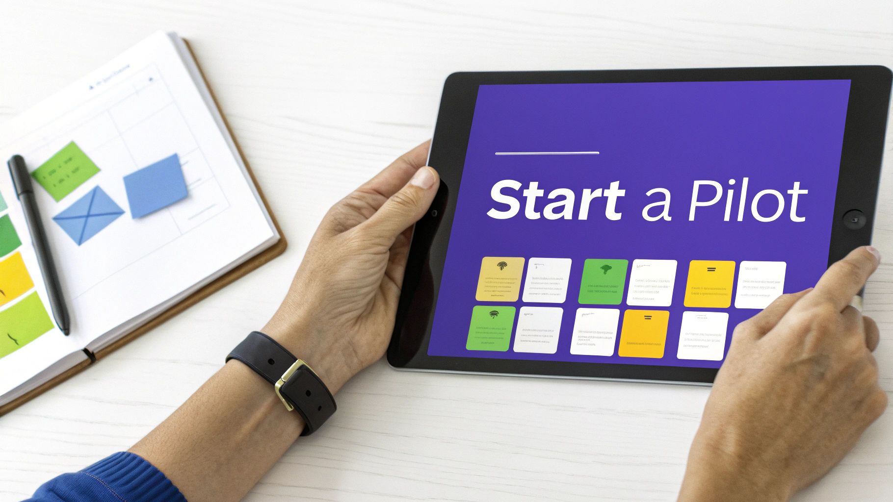 Person's hands holding a tablet displaying 'Start a Pilot' and colorful cards next to a notebook.
