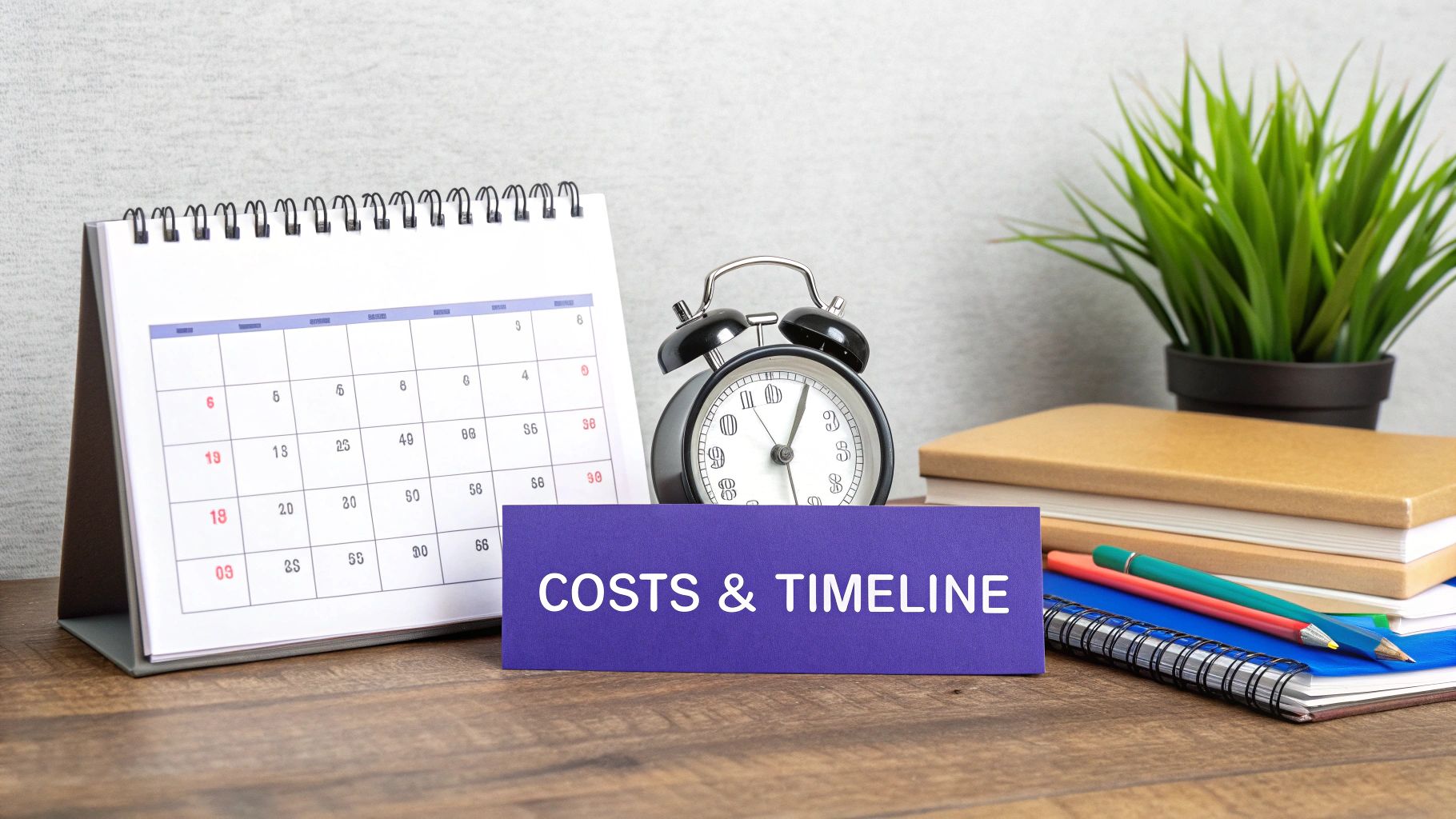 A desk with a calendar, alarm clock, books, and a 'COSTS & TIMELINE' sign.