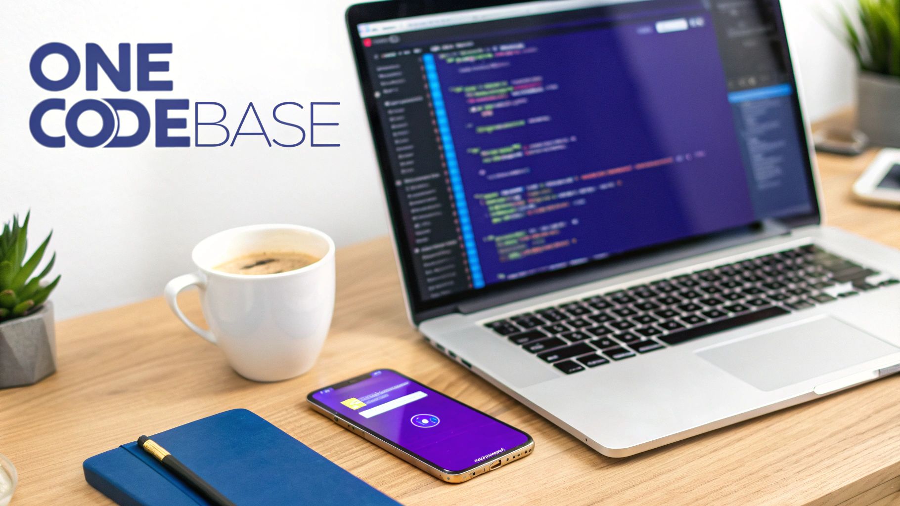 A professional desk setup featuring a laptop displaying code, a smartphone, coffee, and a notebook.