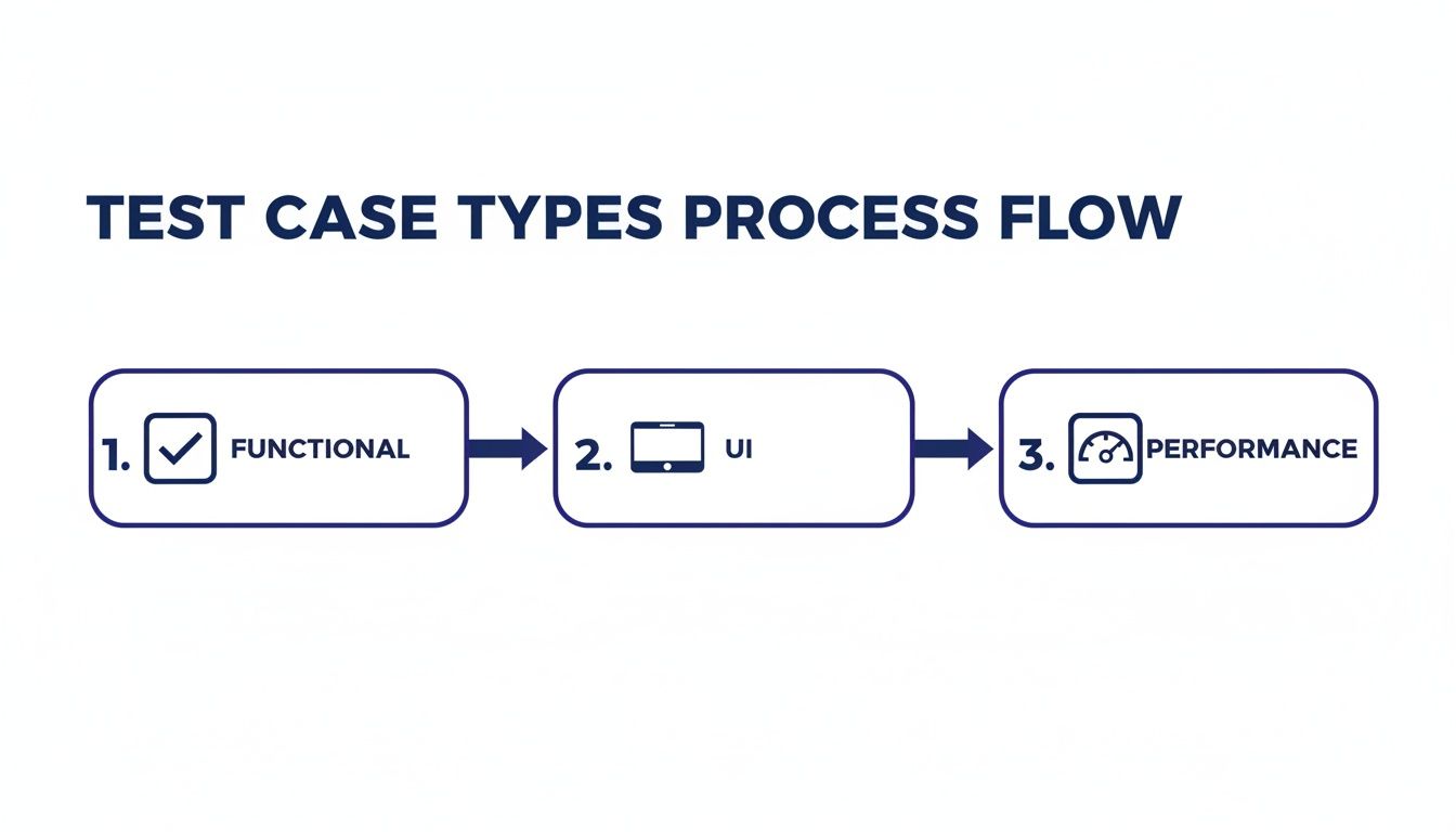 Process flow diagram illustrating three main test case types: functional, UI, and performance.