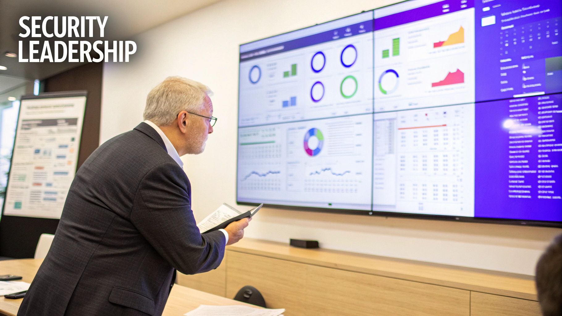 A senior leader analyzes cyber security dashboards on a big screen with a tablet.