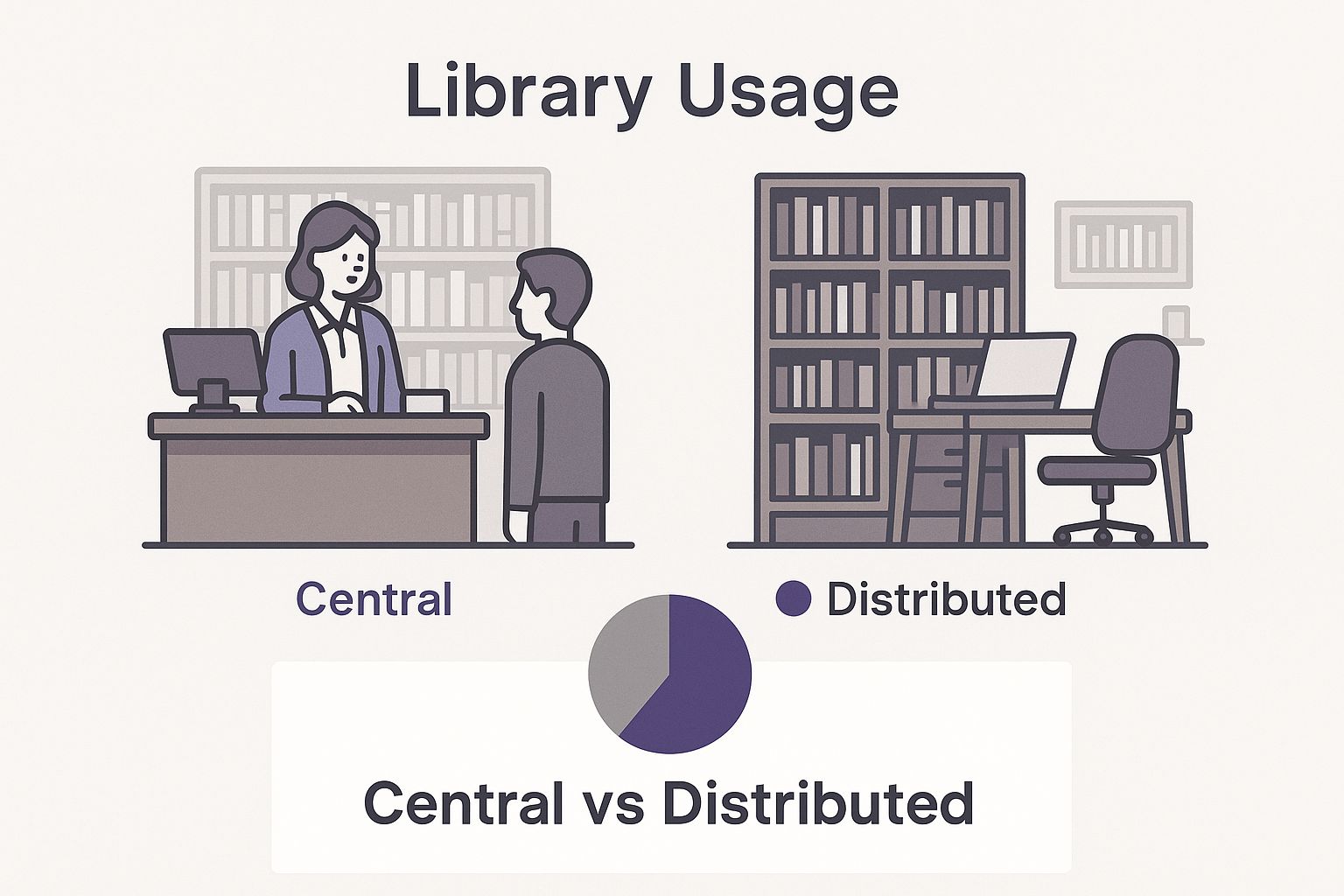 An infographic showing two library models side-by-side, one representing a central server and the other representing distributed copies, to explain Central vs Distributed version control.