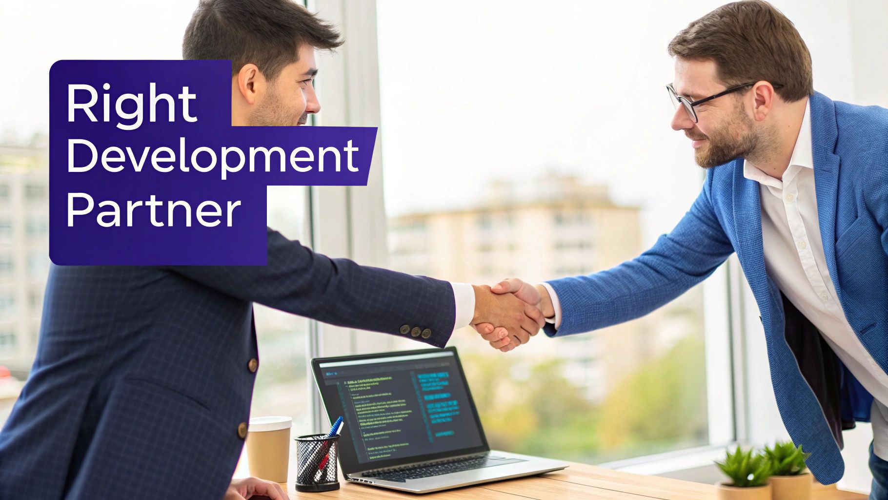 Two businessmen in suits shake hands over a laptop, symbolizing a successful partnership agreement.