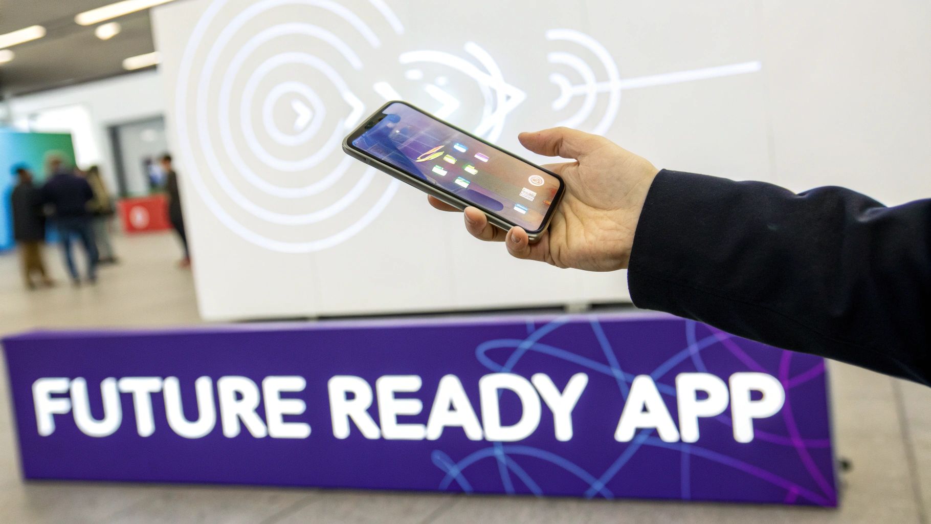 A hand holds a smartphone in front of a "FUTURE READY APP" banner and a screen with abstract white patterns.