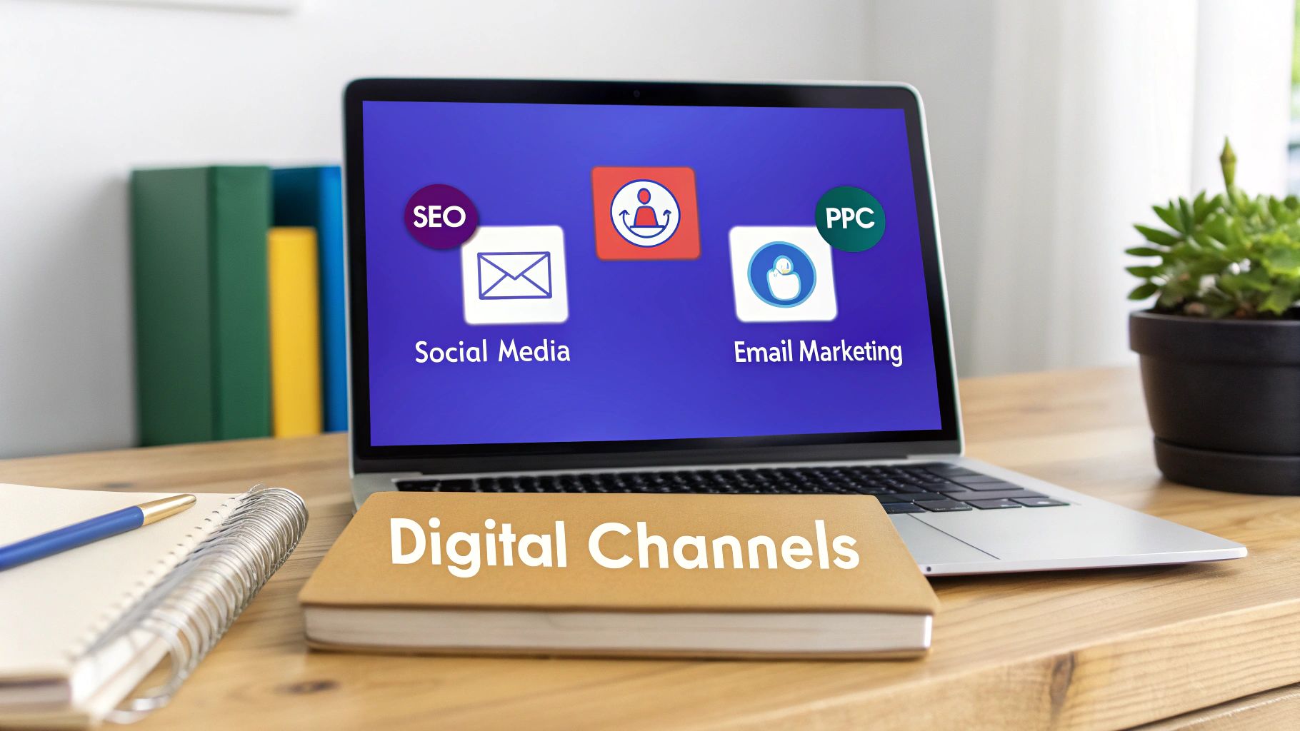 A vibrant, modern flat design illustration showing various digital marketing channel icons like SEO, PPC, Social Media, and Email interconnected with lines.
