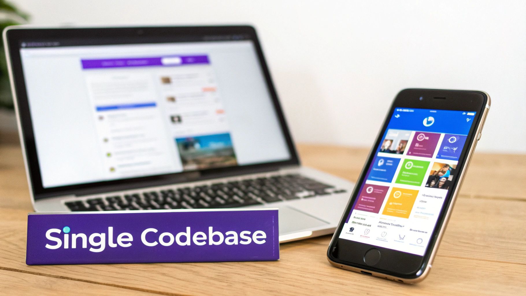 A laptop and iPhone display apps with a 'Single Codebase' sign, showcasing cross-platform development.