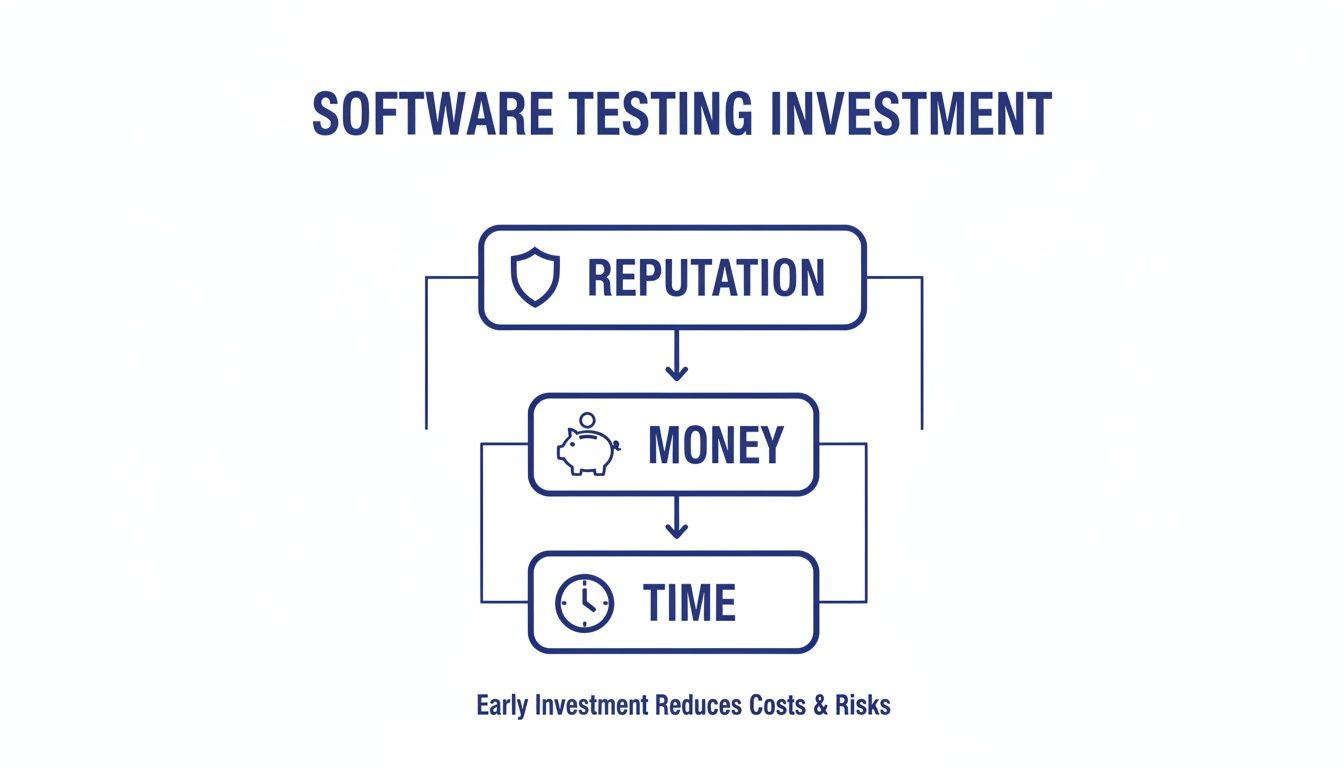 Flowchart showing how software testing investment positively impacts reputation, money, and time, reducing costs.