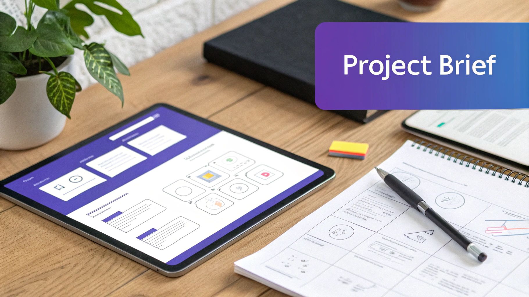 Project brief displayed on tablet with wireframe sketches, notebook, and pen on wooden desk workspace