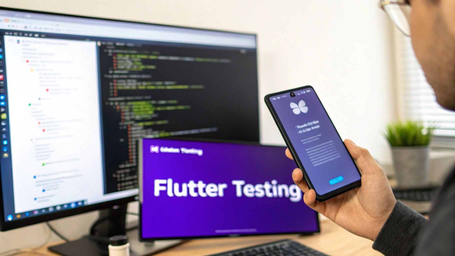A person holds a smartphone running a Flutter app while other screens show code and 'Flutter Testing'.