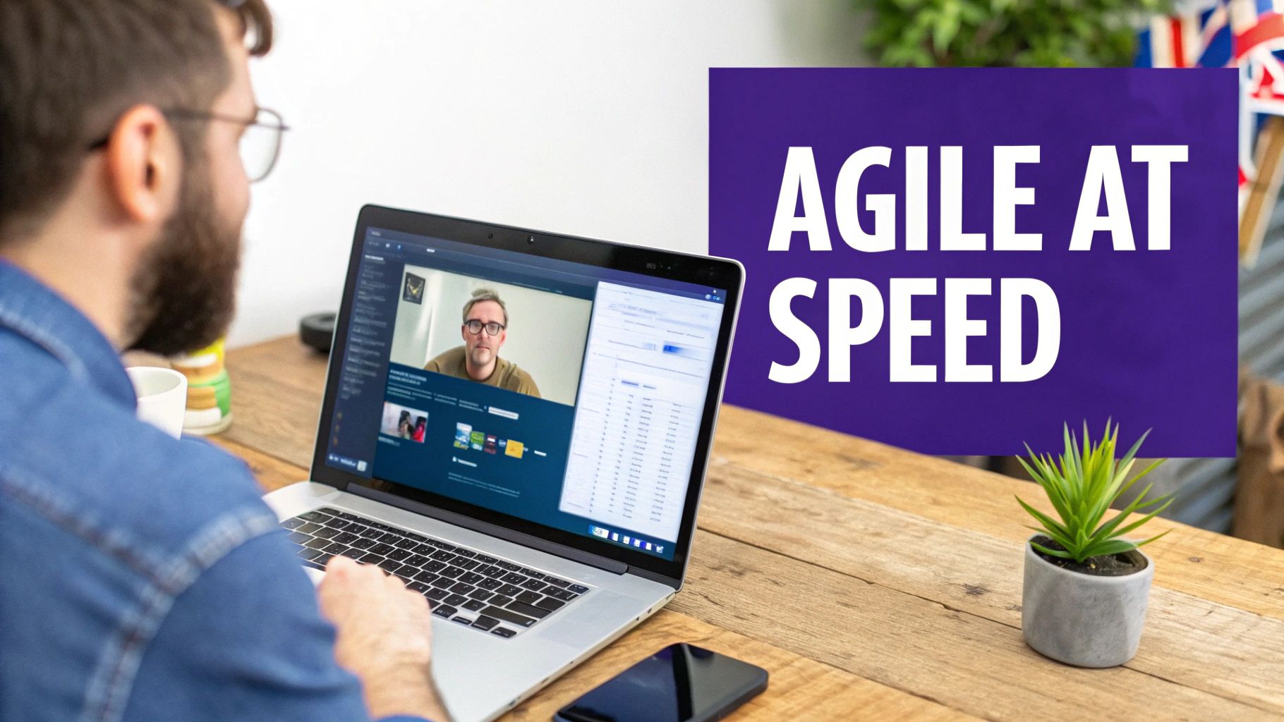 A man in glasses participates in an online agile training session on his laptop at a wooden desk.