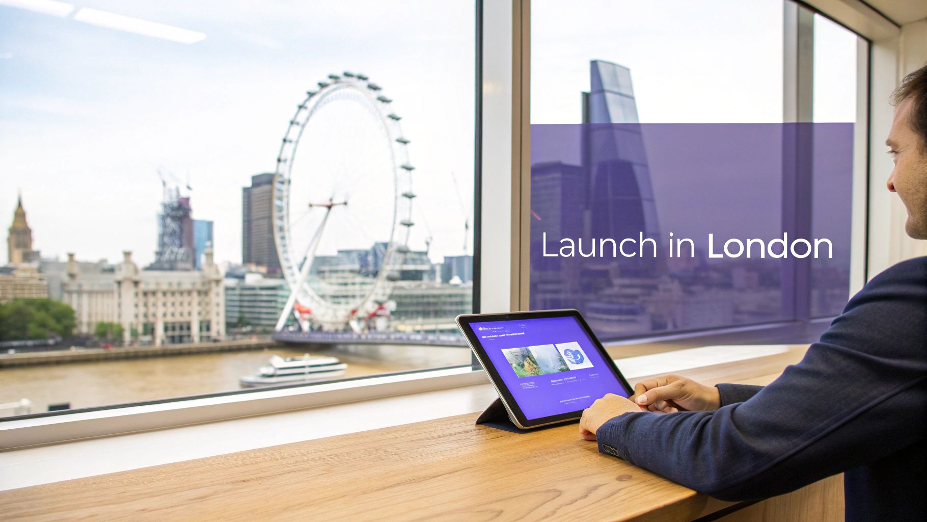 Man in a suit using a tablet at a desk, overlooking the London Eye and city skyline.