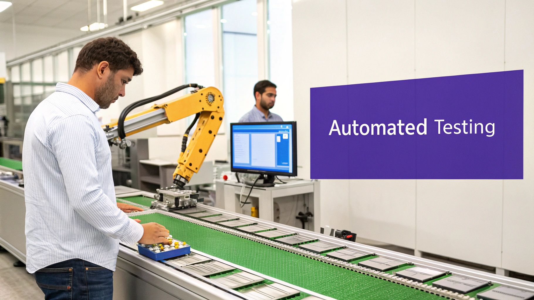 Engineer operating robotic arm for automated testing on assembly line with computer monitor display