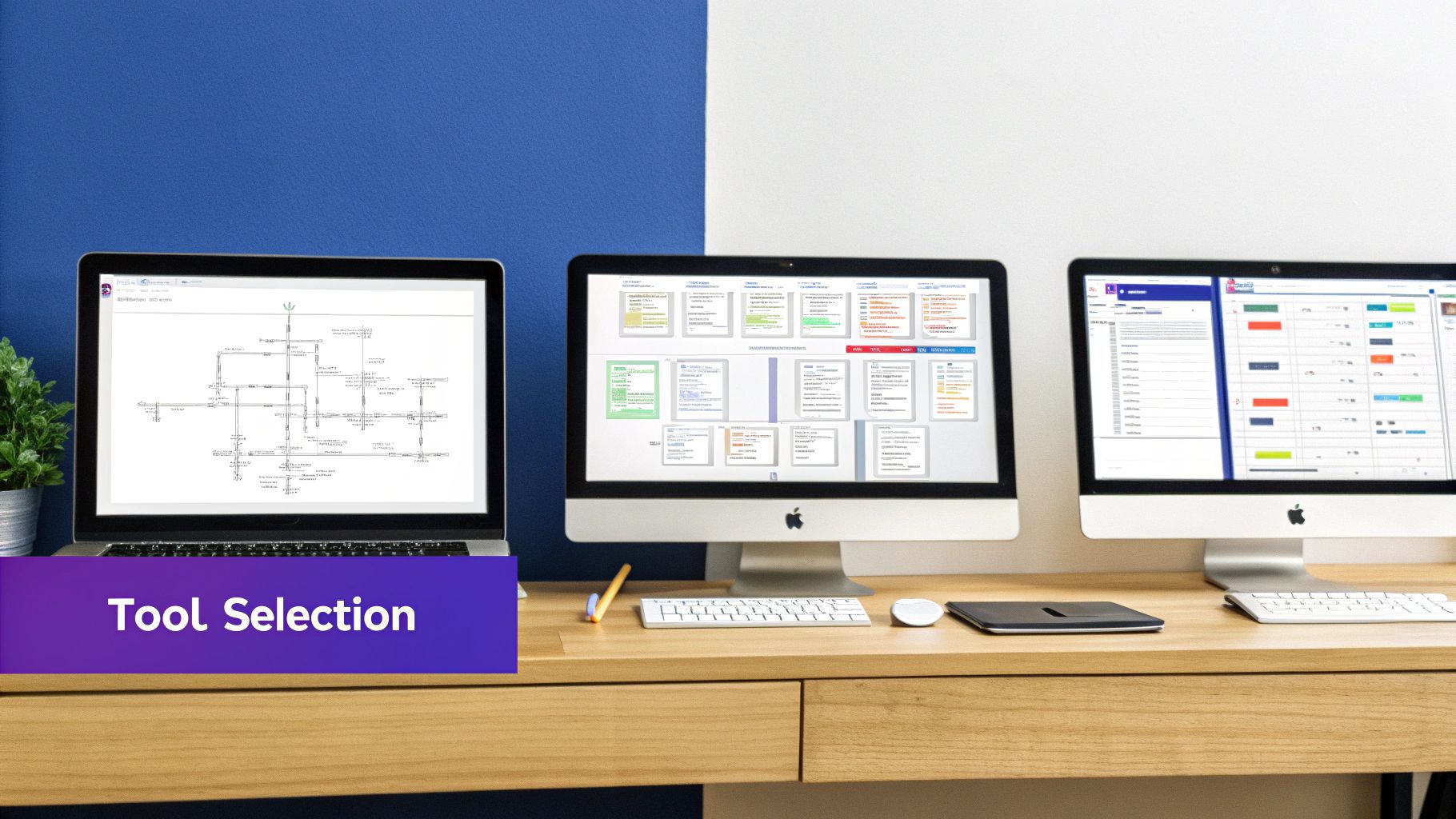 A person working on a diagram on a computer, illustrating the process of choosing the right tool.