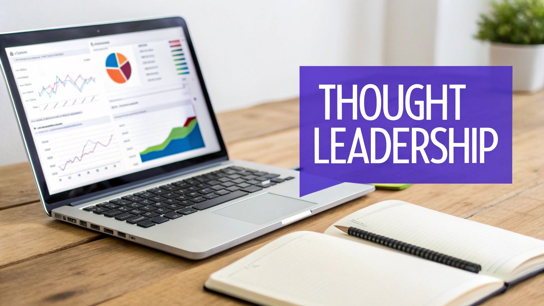 A laptop with data analytics charts, an open notebook, and a pencil on a wooden desk, with 'Thought Leadership' text overlay.