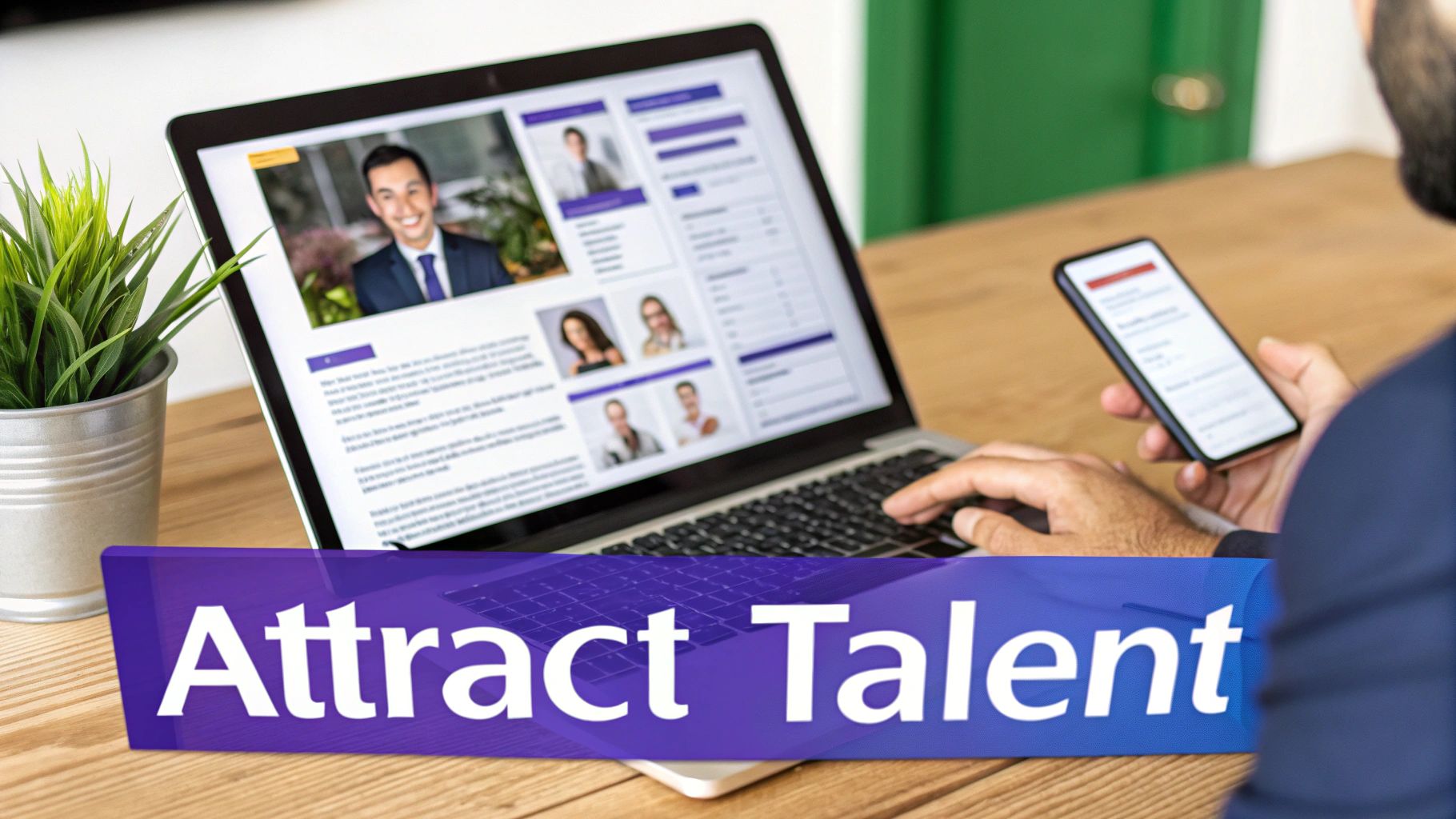 Professional browsing potential candidate profiles on a laptop, holding a phone, with an 'Attract Talent' banner.