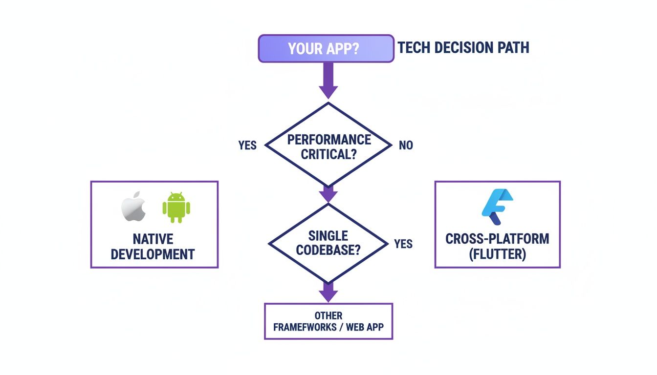 A flowchart outlining tech decisions for app development, guiding choices for native, cross-platform, or web apps.