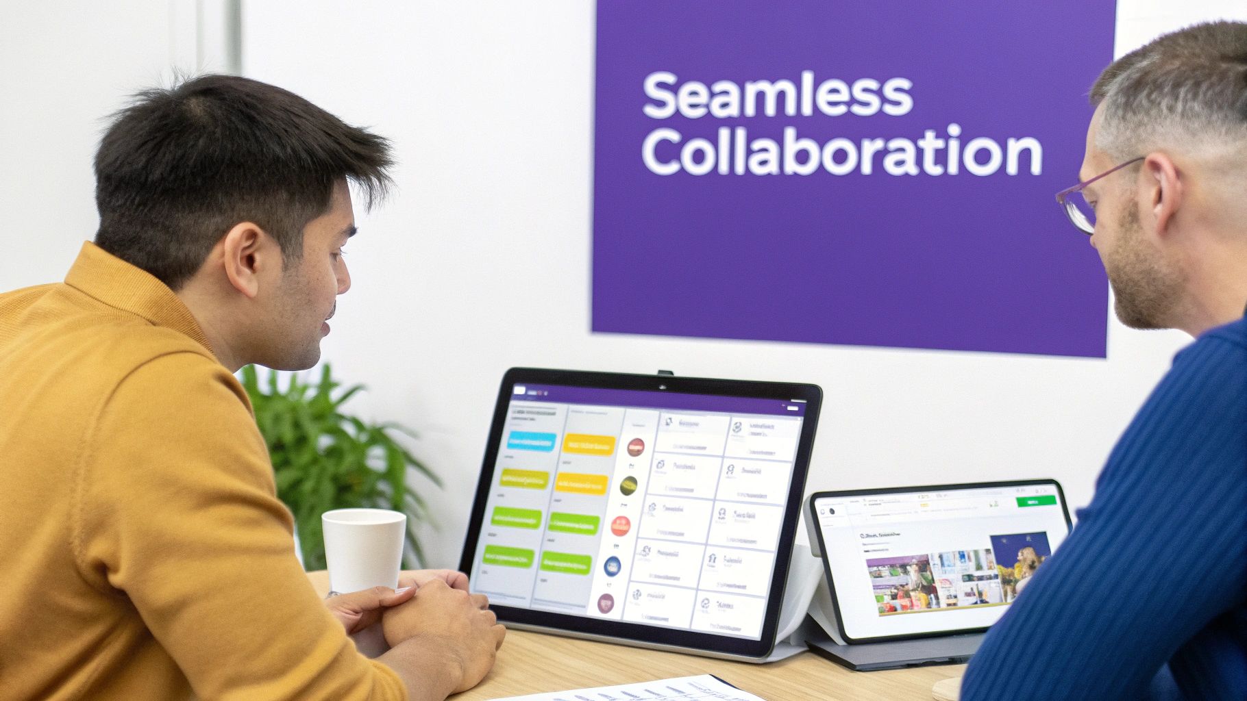 A team of developers collaborating around a screen displaying project management software