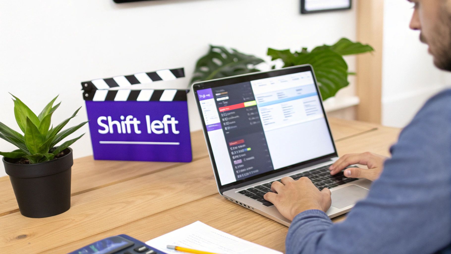 A person types on a laptop next to a 'Shift left' sign and a green plant.