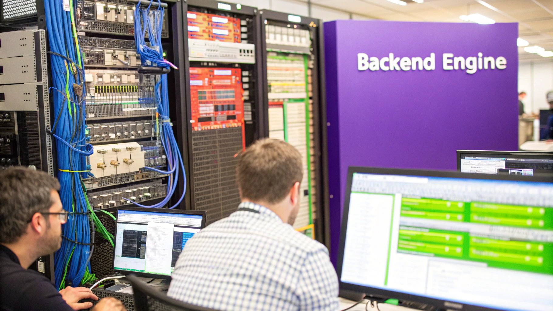 A simplified diagram showing servers and databases, representing the core of backend development.