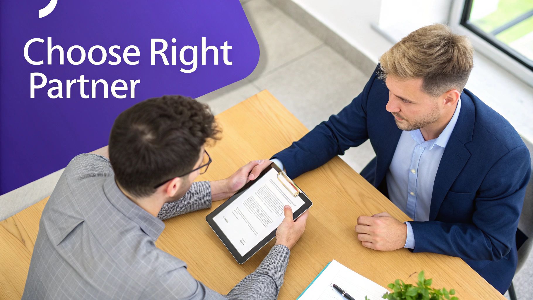 Two businessmen collaborate, looking at a document on a tablet, with the text 'Choose Right Partner'.