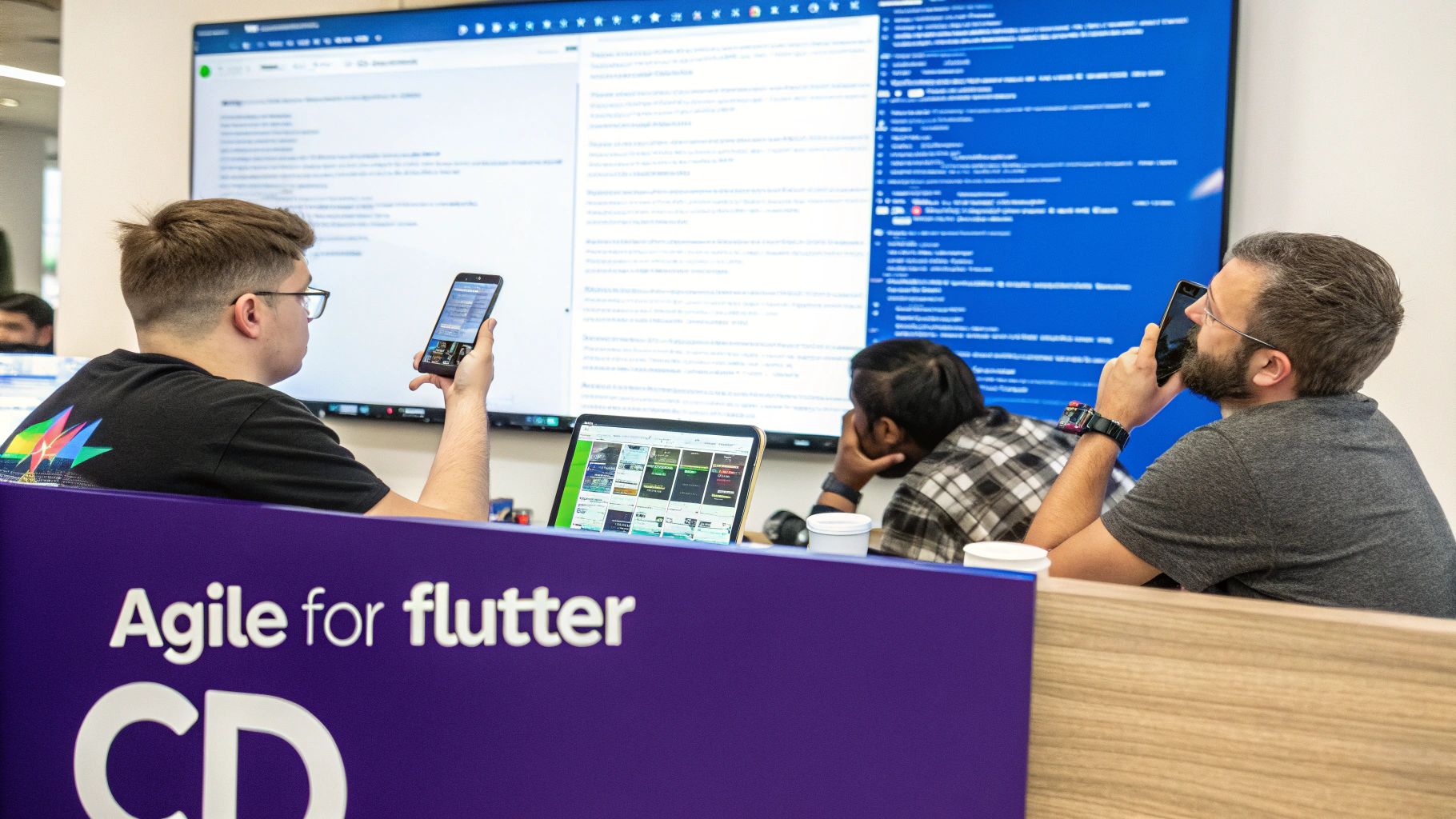 Developers collaborating on an 'Agile for Flutter' software project, using phones and a large screen in an office.